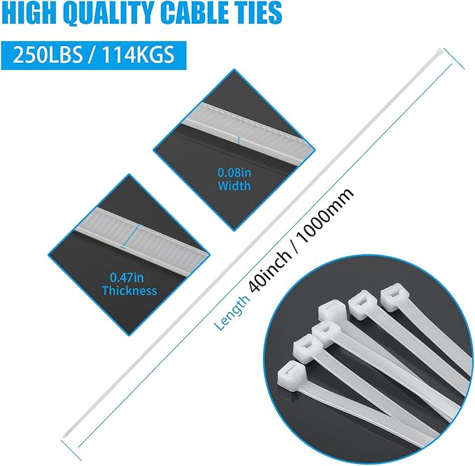 Armpow 40 inch White Zip Ties Heavy Duty 30 PCS, 250LBS Ultra Exclusive Strong Plastic Wire Ties, Large Cable Ties Extra Long Tie Wraps, Indoor and Outdoor UV Resistant
