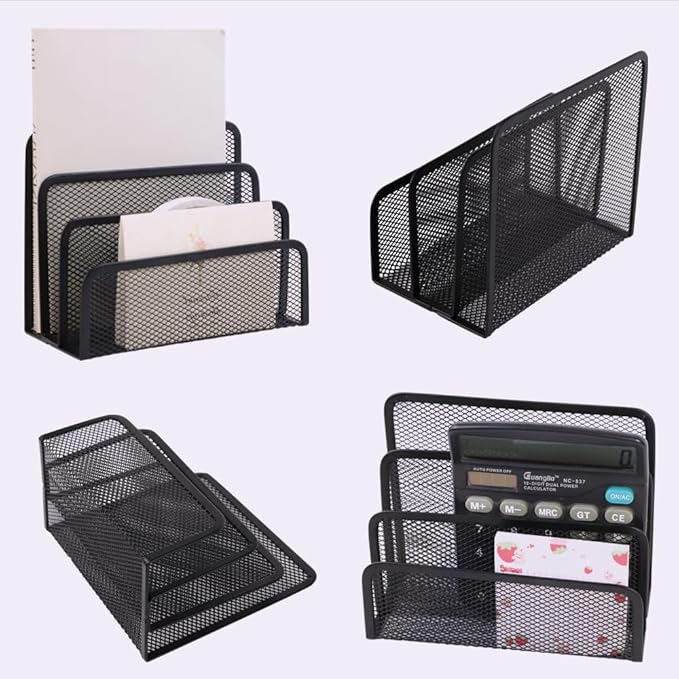 Desk Mail Organizer, 2 Pack Metal Mesh Small File Holders with 6 Metal Clips Letter Organiser Countertop with 3-Slot, Office Mail Sorter Organizer for Bill Paper Folder Document (Black)