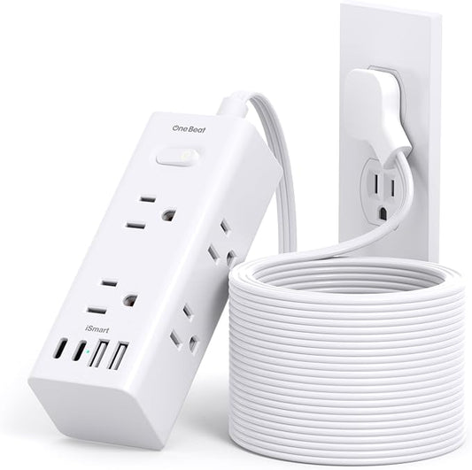 20Ft Extension Cord with Multiple Outlets, Flat Plug Power Strip Surge Protector with 20 Ft Long Cord, 6 Outlet 4 USB Ports (2 USB C), Multi Outlet Wall Plug for College, Dorm Room Essentials(White)
