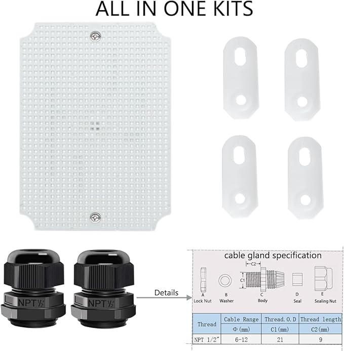 Junction Box, Hinged Cover IP67 Waterproof ABS Project Box with 2 NPT 1/2" Cable Gland, Electrical Box Enclosure with Mounting Plate & Wall Bracket 8.7 x 6.7 x 4.3inch(220x170x110mm)