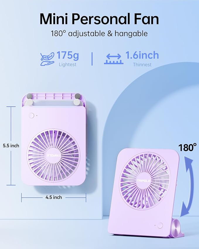 TriPole Desk Fan Small Portable Fan 2000 mAh Rechargeable Battery Ultra Quiet 4.5 Inch Mini Travel Fan with 180° Tilt Folding and 3 Speeds Adjustable for Home Office Desktop Purple