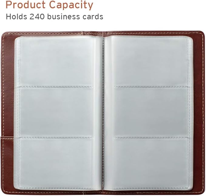 Sooez Leather Professional Business Card Book Holder Organizer, 240 Capacity Credit Card Booklet, PU Name Cards Holder Storage File for Men Women, Brown