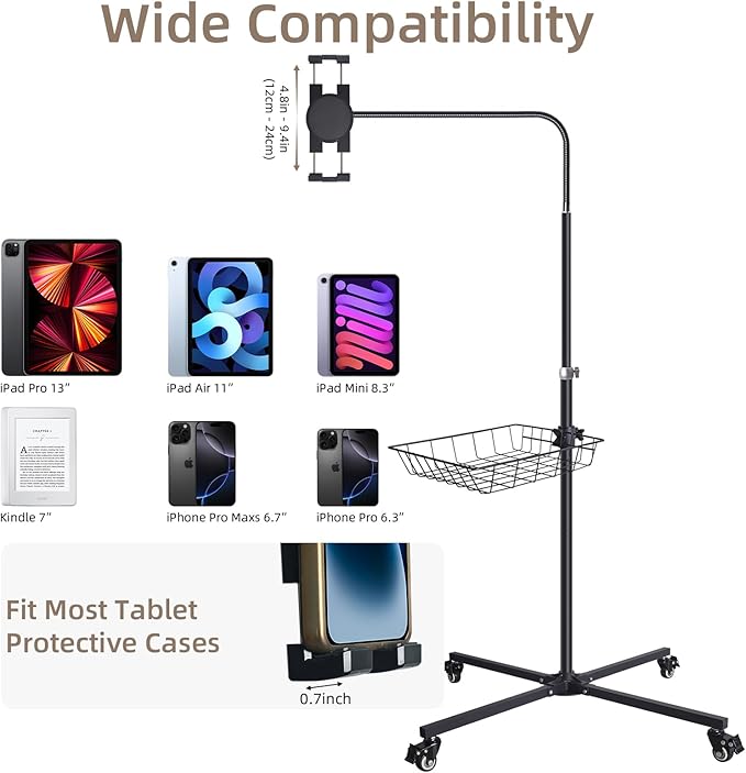 Premium Rolling Tablet Floor Stand with Heavy Duty Industrial Wheels & Storage Basket, Tall Adjustable iPad Stand Floor on Wheels, Universal Mount Holder for iPad Pro, Air, Mini, Phone