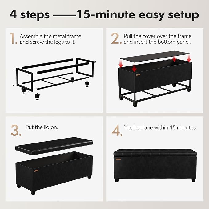 ABHENG Synthetic leather Storage ottoman bench with legs,43.5”W x 15.7”D x 15.7”H,metal frame end of bed bench hold up to 770 LB,Large Storage Chest hold up to 770 LB,Black UASND622B
