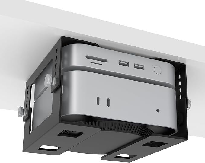 Under Desk Mini PC Mount Bracket – 5-Level Height Adjustable (1.8" to 3.3"), Width-Adjustable Metal CPU Holder for Mac mini M4/Small PCs ,Includes Screws & Positioning Template for Easy Installation