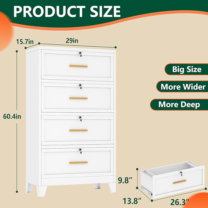 winiowa 4 Drawer File Cabinet, Metal Lateral File Cabinet with Lock, Locking Filing Cabinets for Home Office,Wide Office Storage Cabinet for Hanging Files Letter/Legal/F4/A4 Size (White, 4-Drawer)