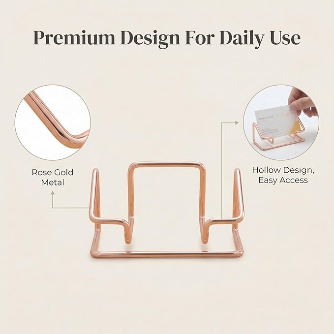 2 Pack Minimalist Metal Business Card Holder, Simple Wire Frame Desktop Organizer for Name Cards, Place Cards and QR Codes, Affordable Elegant Display for Office, Wedding and Home Decor(Rose Gold)