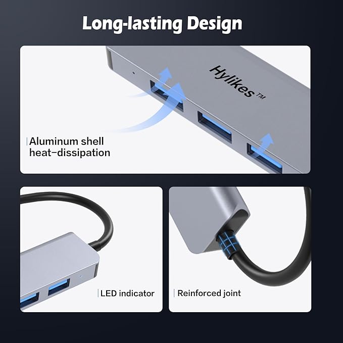 USB 3.0 Hub, 4 Ports USB 3.0 Hub with 5Gbps Data Transfer for Laptop,Dell, Chromebook,Keyboard,Mouse,HDD,iPhone 15/15 Pro,Galaxy S23, and More
