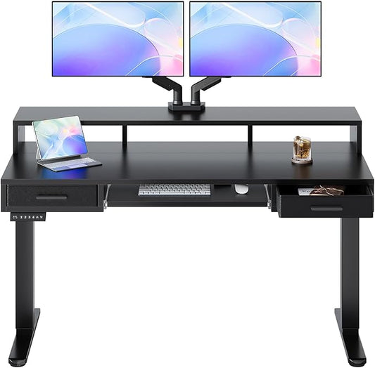 HUANUO 55″ x 26″ Electric Standing Desk with 2 Drawers &24.4″ Large Keyboard Tray, C-Clamp Mount Compatible, Adjustable Computer Desk for Office, Sit Stand Up Desk with 4 Height Presets, Black