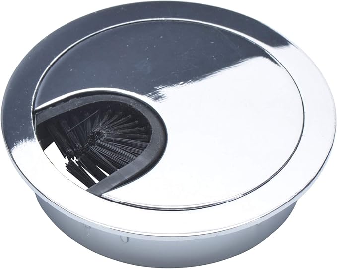 Polished Chrome Metal Cable Grommet | 2 Piece "Lock in" Feature with "Brush" Opening for Management of Office & Computer Desk Wires | 60mm (2 3/8") Hole Opening | 5 Pack