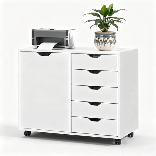 5-Drawer Wood Drawer Cabinet, Office Storage Cabinet with Adjustable Shelf & Wheels, Printer Stand for Home Office, White, 15.7" D x 30.7" W x 25.4" H