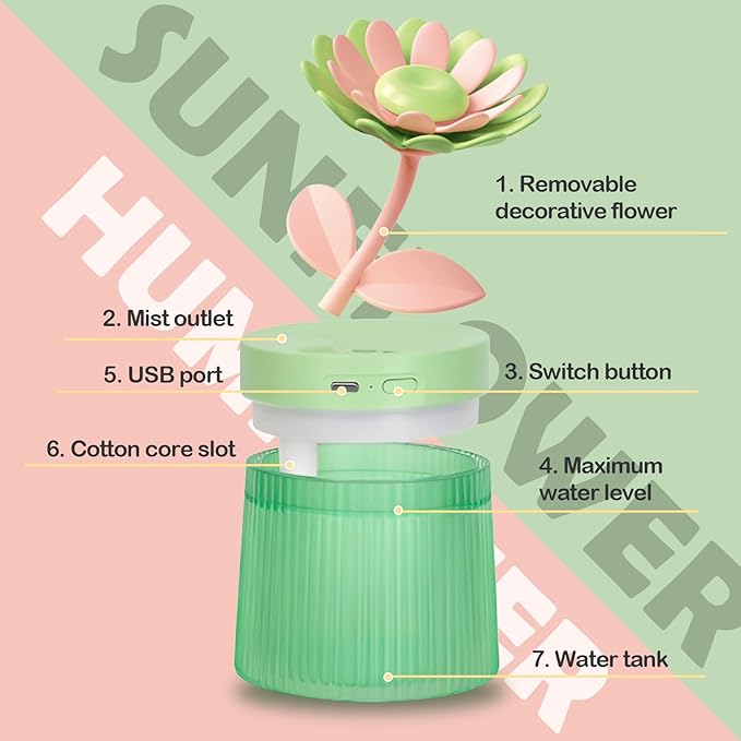 Cute Mini Humidifier 320mL Cool Mist Humidifie mute with 2 Mist Modes,for Home/Nursery/Office,Portable Mini Air Moisturizer,rechargeable mini humidifier(Sunflower Green)
