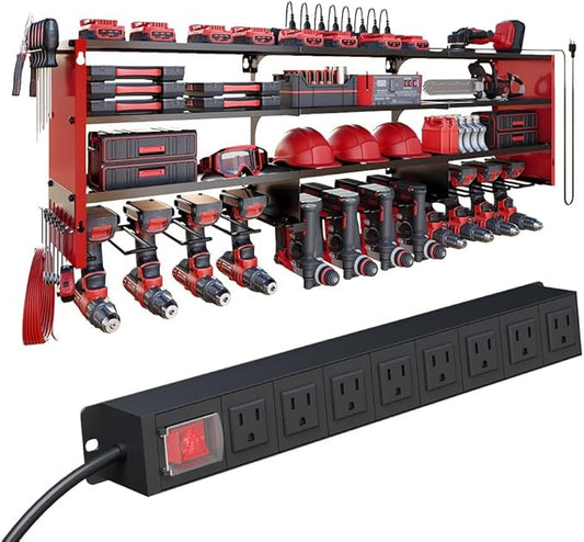53" Power Tool Organizer Wall Mount with Power Strip, Heavy Duty Metal Tool Shelf, 400lbs Capacity for Cordless Drills, Batteries & Garage Storage (12 Slots with 8 Outlets Power Strip)