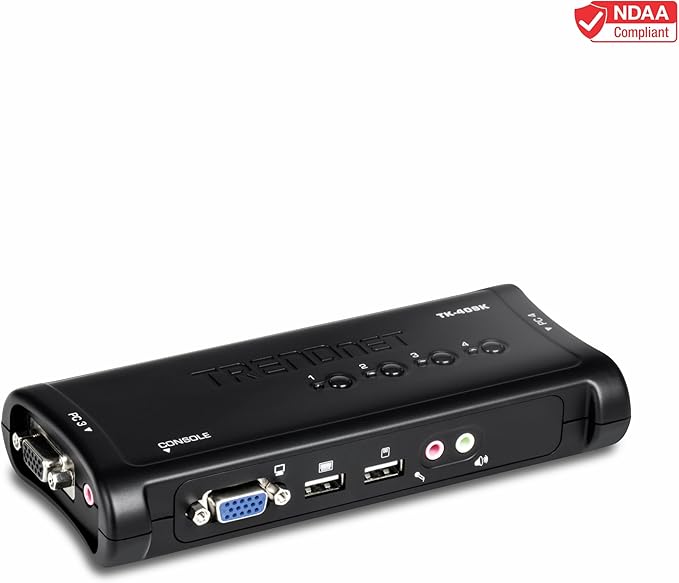 TRENDnet 4-Port USB KVM Switch Kit with Audio, TK-409K, Control Up to 4 Computers, Windows, Linux, Mac OS Compliant, 2048 x 1536 VGA Resolution, NDAA & TAA Compliant, KVM Cables Included, Black
