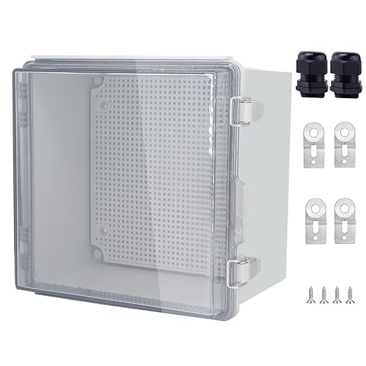 IP67 Waterproof Junction Box, ABS Plastic Electrical Enclosure with Stainless Steel Latch, Hinged Cover Electric Box with Mounting Plate, Wall Brackets & Cable Glands 210x210x130