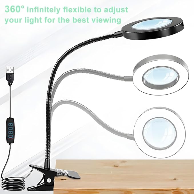 Consss Eye Protection Clip On Reading Light with Magnifying Glass，3 Color Modes & 10 Brightness Flexible Arm for Manual/Bedtime Reading/Middle-Aged and Elderly People's Threading Tool/Bedside Lamp