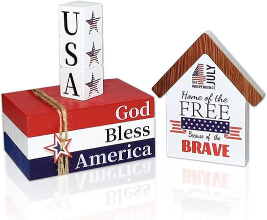 4th of July Wooden Book Stack Sign with Stars Blocks and House Shape Sign Patriotic Memorial Day Tiered Tray Decoration Tabletop Centerpiece Decor for Home Office Table Mantel Shelf