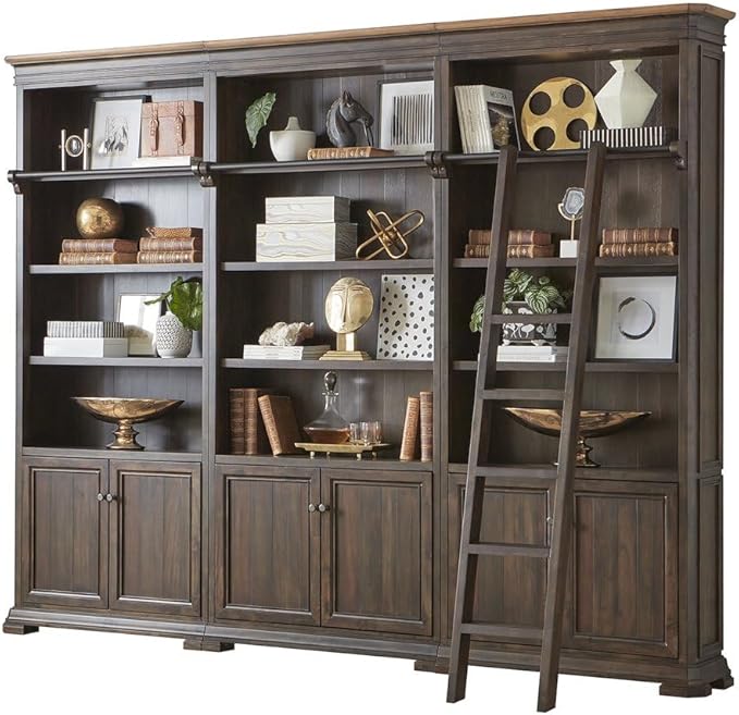 Martin Furniture Sonoma Executive Brown Executive Bookcasem Wall Storage with Wooden Ladder, Shelving Unit, Large Library Furniture, Sturdy Home Office Display Suite