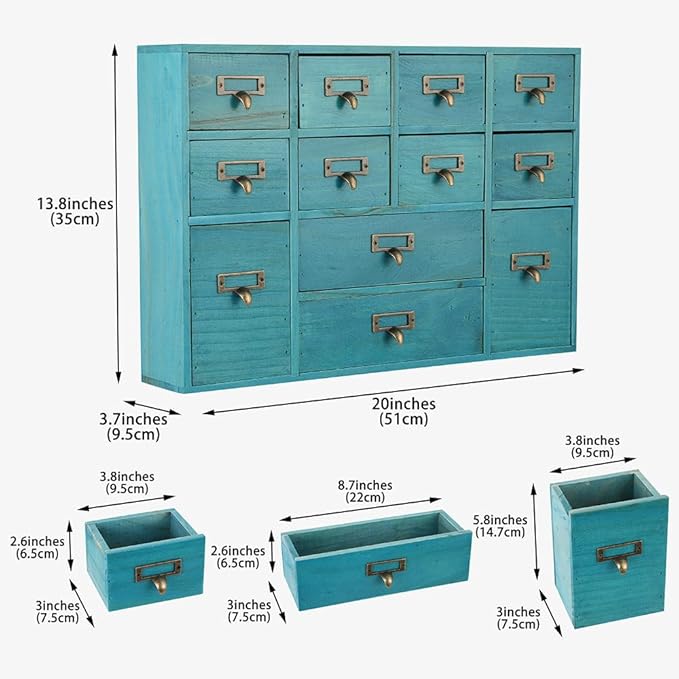 12 Drawers Apothecary Cabinet with Drawers Tabletop Apothecary Drawers Library Card Catalog Cabinet Medicine Cabinets Wood Desk Organizer Wooden Storage Box (Blue)