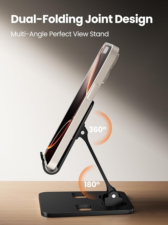 Phone Stand for Desk, Dual Folding Cell Phone Holder, Fully Adjustable Portable Mobile Phone Holder for iPhone 17 16 15 14 13 12 11 Pro Max Plus Air, Galaxy S25 S24, All Phones (Black)