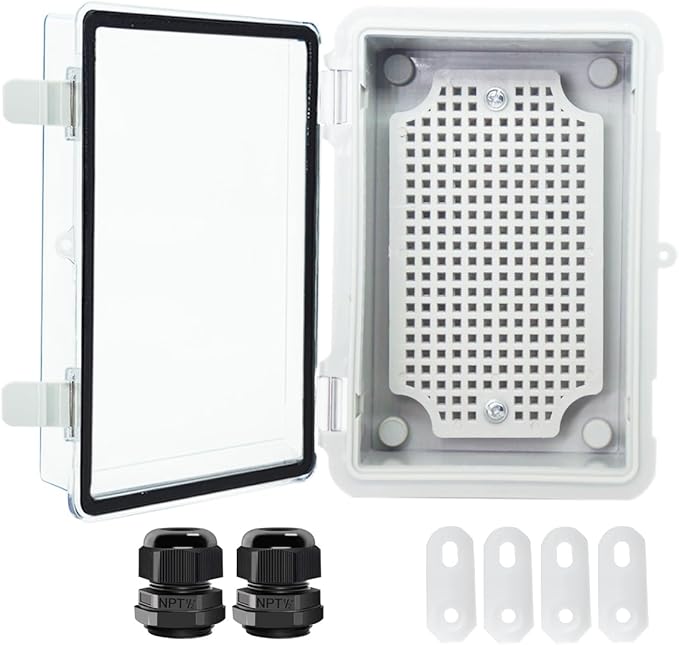 Junction Box, Hinged Clear Cover IP67 Waterproof ABS Project Box with 2 NPT 1/2" Cable Gland, Electrical Box Enclosure with Mounting Plate & Wall Bracket 5.9 x 3.9 x 2.8inch(150x100x70mm)