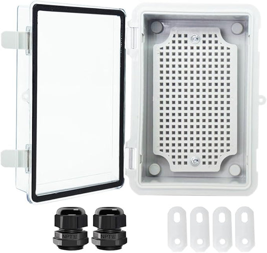 Junction Box, Hinged Clear Cover IP67 Waterproof ABS Project Box with 2 NPT 1/2" Cable Gland, Electrical Box Enclosure with Mounting Plate & Wall Bracket 5.9 x 3.9 x 2.8inch(150x100x70mm)