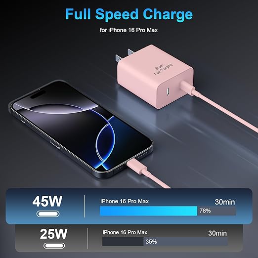 iPhone 17 16 15 Charger Fast Charging, 45W Dual USB C Phone Charger Block with 10FT Long Type C Cable Cord for Apple iPhone 17/Pro/Pro Max/17 Air/16 Pro/16 Pro Max/15 Plus/15 Pro/iPad/S26 Ultra(Pink)