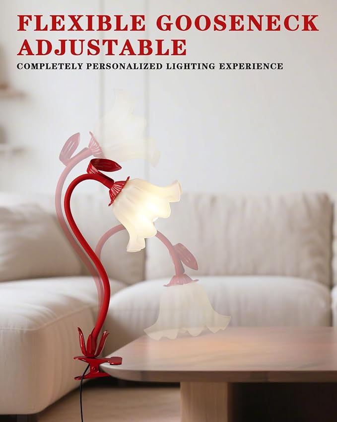 WERFOP Flower Lamp Clip on Light, 3 Color Modes Eye-Caring Desk Lamp with Clamp, Dorm Room Essentials, Flexible Neck Reading Clamp Lamps for College Bedside Bookshelf Studying Room (Red)