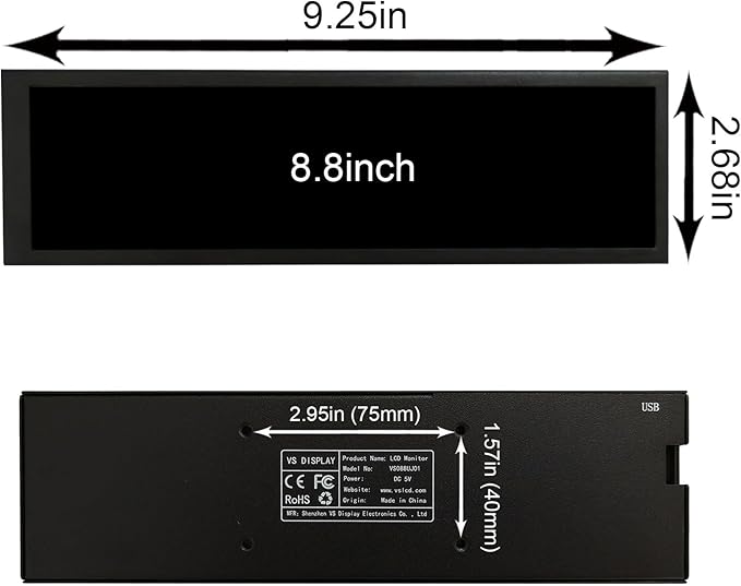 VSDISPLAY 8.8 Inch 1920x480 IPS LCD Monitor as Secondary Display/DIY Computer PC Case GPU CPU RAM Temperature Data Monitoring Sensor Panel,Black