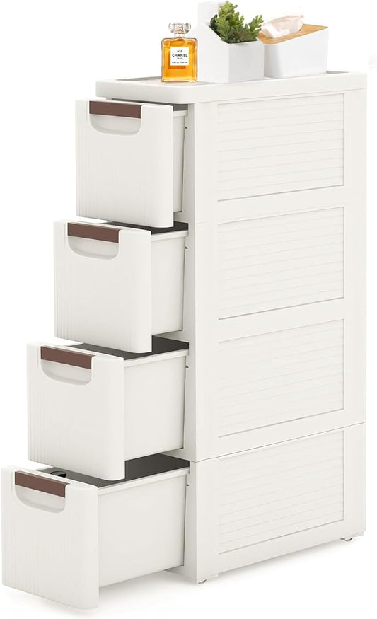 4 Drawers Slim Bathroom Storage Cabinet Dresser, Narrow Plastic Rolling Cart Organizer with Drawers, for Small Spaces, Kitchen, Laundry, Office, Bedroom, White