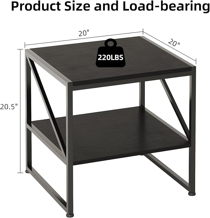 Mexin 20 Inch Square End Table, Mini Fridge Stand with 2-Tier Storage Shelf, High Load Capacity Printer Table for Living Room Bedroom, Black