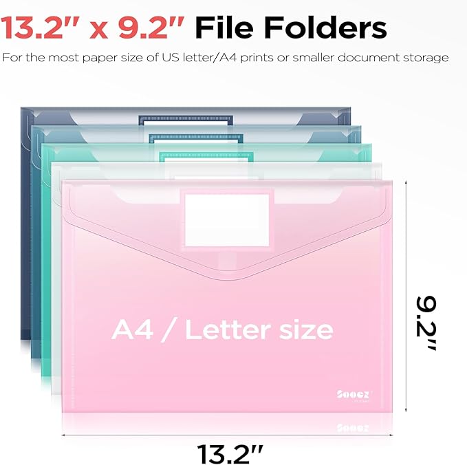 Sooez 40 Pack Plastic Envelopes, Plastic File Folders, Clear Folders for Documents Trendy Colors, Super Heavyweight Document Holders, Storage Pouches, File Envelopes for School Office Supplies
