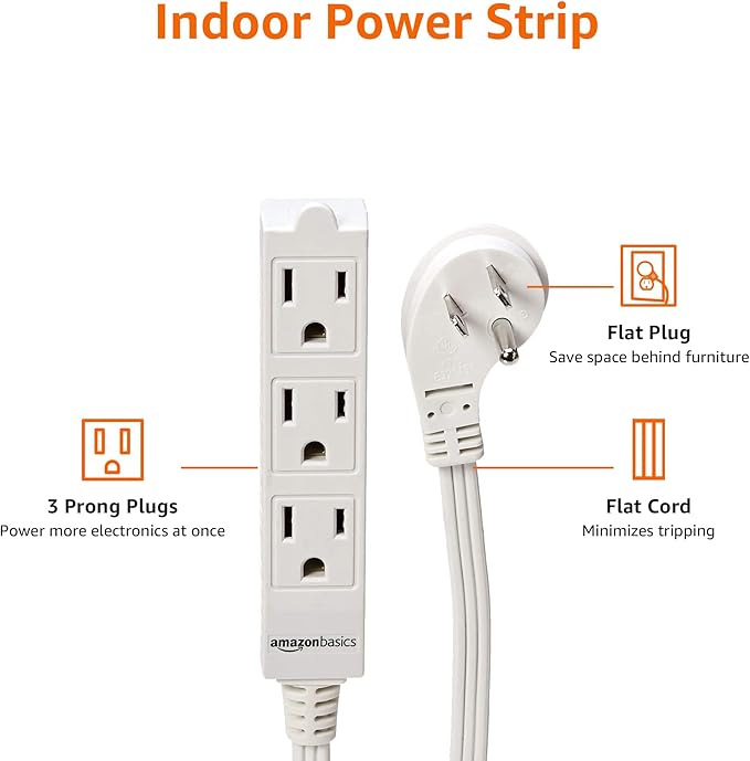 Amazon Basics 3-Prong Indoor Rectangle Extension Cord Power Strip, Flat Plug, Space-Saving, Grounded, 13 Amps, 1625 Watts, 125 VAC, 6 ft, White, 2-Pack