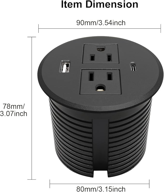 Desk Power Grommet USB C Total 30W, 3.15 Inch PD Fast Charge Desktop Power Strip 2 Outlets 2 USB Ports Recessed Flat Plug Extension Cord Mount into Countertop Shelf Cabinet End Table. (Black)