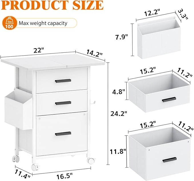 Mexin 3 Drawer File Cabinet with 24'' Extended Desktop, Mobile Filing Cabinet, Printer Stand, Rolling Printer Stand with Side Bag, Fabric Drawer, Fits A4 Size, Home Office, White