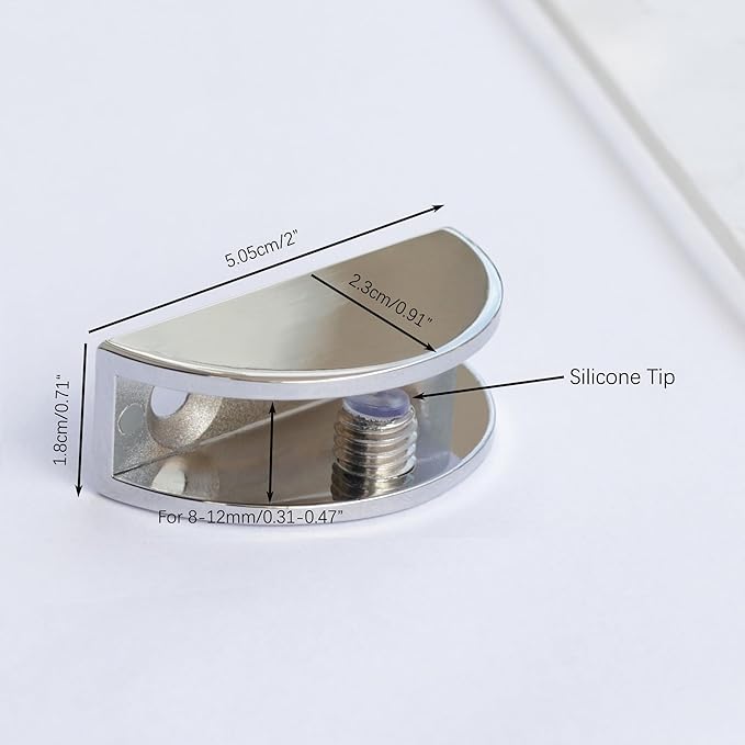 8-Pack Adjustable Metal Shelf Brackets, Semi-Circular Glass Clips, Wall Mount Support Clamp Holder for 8-12mm Shelves in Bathroom, Kitchen, Closet & Living Room, Chrome Plated Cabinet Hardware