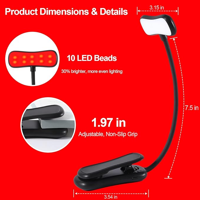 630nm Red Book Light - Zero Blue Light, Rechargeable Clip On Red Reading Light for Reading at Night, Poratble Dimmable LED Book Lamp, Perfect for Travel Nursing Studying