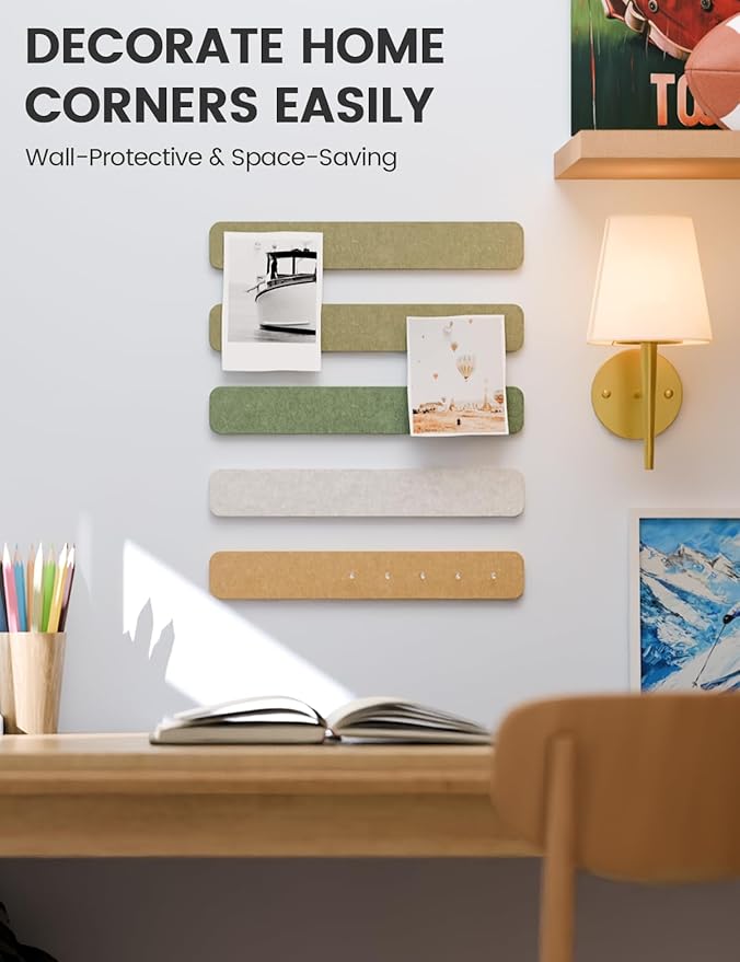 Cork Board Alternative Felt Strip Board 8-Pack 13"x2", Office Pin Board with 50 Push Pins, Adhesive Install for Bedroom Door & Home Office(Olive Grove)