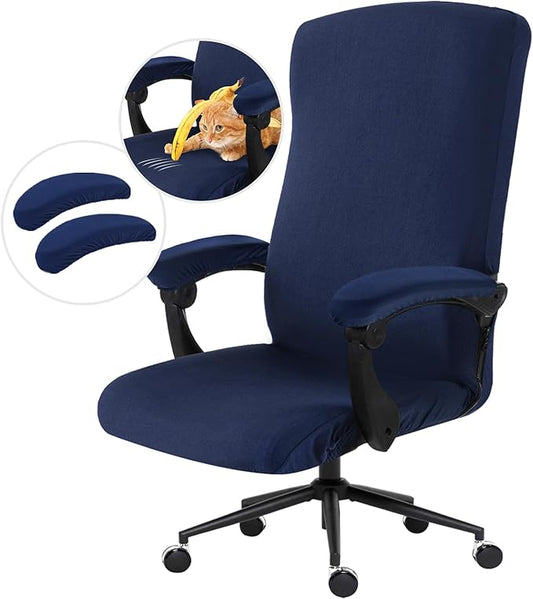 Stretch Computer Office Chair Cover with Armrest Covers Durable Zipper Universal Washable Removable Spandex Rotating Boss Chair Slipcovers Anti-dust Soft Desk Chair Seat Protector, Navy