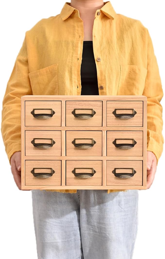 KIRIGEN Wooden Desk Storage Cabinet with 9 Mini Drawers, Wood Desktop Organizer with Metal Label Handles for Office Supplies, Crafts, Tea Bags, Makeup, Natural 9CG-NA