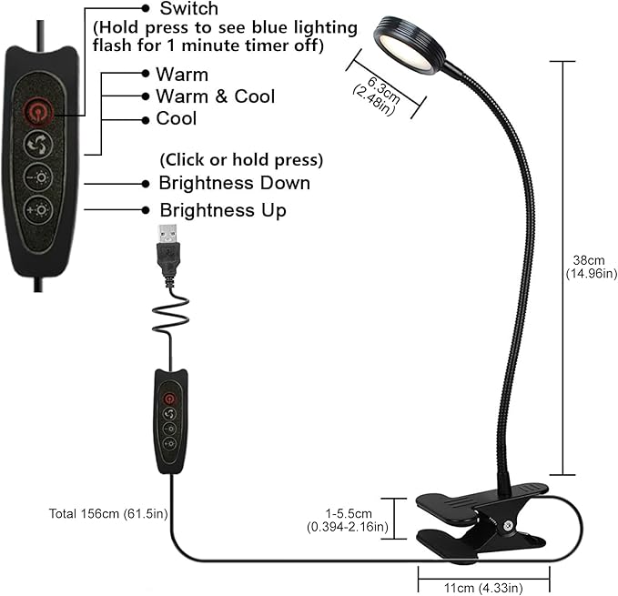 USB Clip-On Desk Lamp with 3 Color Modes, Adjustable Brightness, Gooseneck, 1 Minute Timer, Book Light for Reading Book in Bed at Night Clip on Table, headboard, Dorm, (Warm+Cool White, 8W)