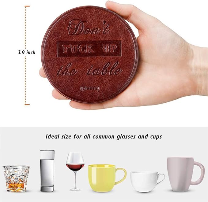 Funny Coasters, Thipoten 6 Pcs Leather Coasters with Holder, Perfect Housewarming Hostess Gifts, Protect Furniture from Water Marks Scratch and Damage(6Pcs, Coffee)