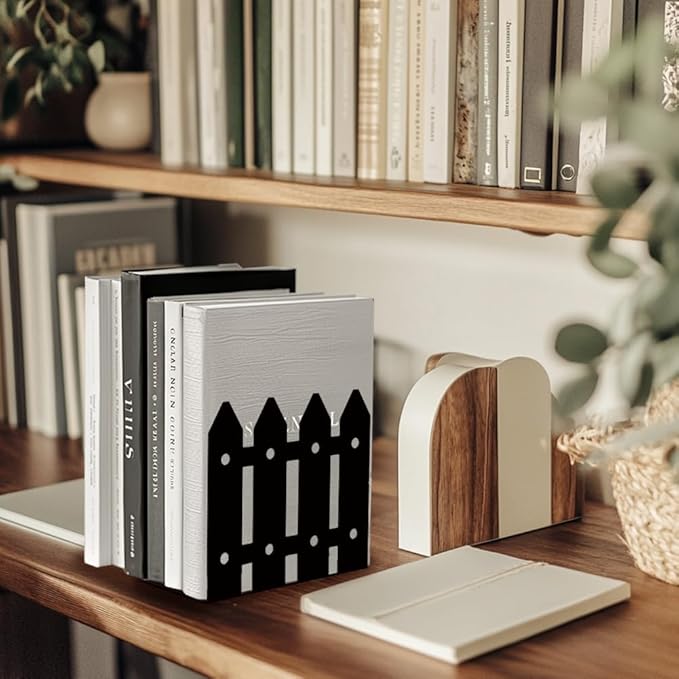 Peacoblue Metal Bookends for Shelves, Modern Decorative Heavy Duty Study Book Support Stoppers for Office, Desk, Shelf, Room 5.3"x4.3"x4.9" Cast Iron Simple Tall Bookends, 1 Pair (Farmhouse Fence)
