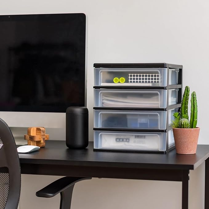 Set of 2 Medium 4-Drawer Desktop Organizer Stacking Black-Clear Durable Plastic Storage Unit for Home Office Desk Supplies Home Must-Have