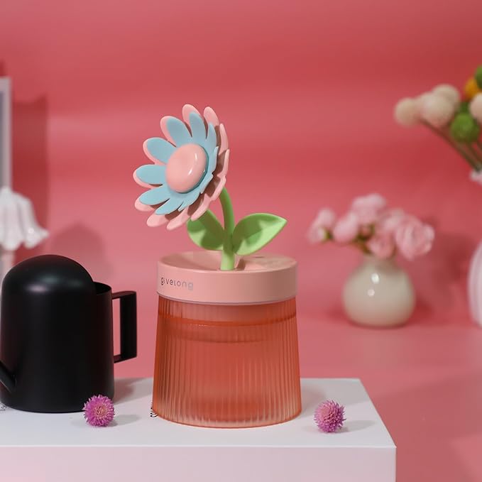 Sunflower Small Humidifier for Plant, Cool Mist Mini Humidifiers for Bedroom, Desk Personal Humidifiers with Diffuser for Indoor Office Car, Portable Humidifier for Travel - Pink 260ml