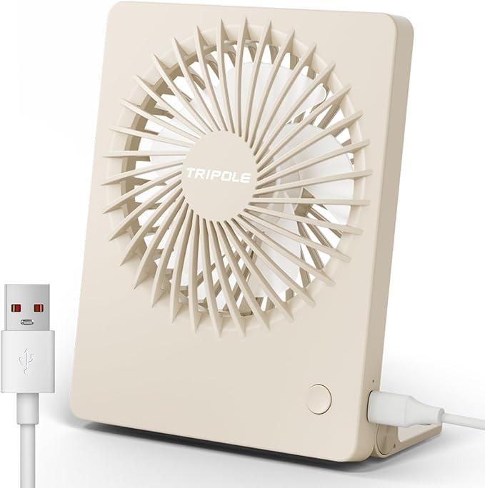 TriPole Mini Desk Fan USB Powered Portable Fan Small Personal Fan 3 Speeds Strong Airflow Table Fan for Travel Home Office Bedroom Desktop, 3.3ft Cable (No Battery, Beige)