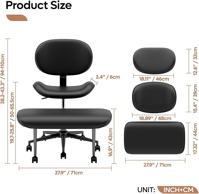 Pinmoco Cross-Legged Office Chair with Footrest, PU Leather Armless Desk Chair, Wide Padded Seat for Cross Leg Sitting, Adjustable Height & Swivel, Modern Home Office Chair, Black