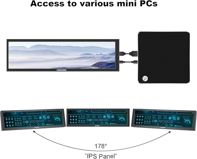 AISHICHEN 8.8 Inch LCD Display, Mini Monitor 1920x480 60Hz IPS Stretched Bar Monitor, PC Sensor Panel, AIDA64 Computer Temperature Secondary Screen with Mini HDMI & Adjustable Brightness