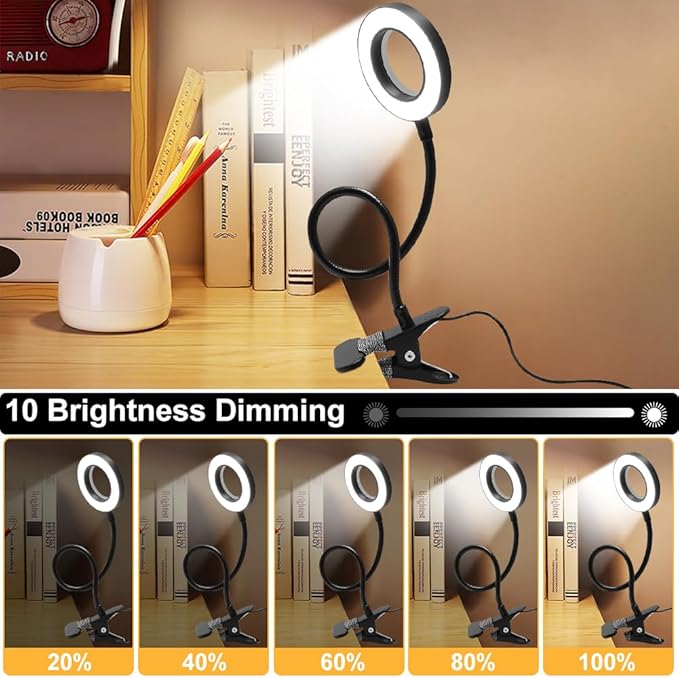 5X Magnifying Glass with Light, 3 Color Modes LED Desk Lamp, Clip on Lamp Lighted Magnifier, 360° Flexible Neck Magnifying Lamp for Workbench Craft Repair Sewing, USB Powered(Color:Black)