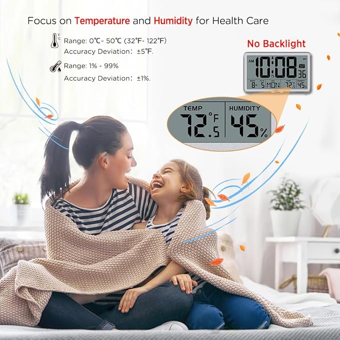 WallarGe Auto Set Digital Wall Clock Battery Operated, Desk Clocks with Temperature, Humidity and Date